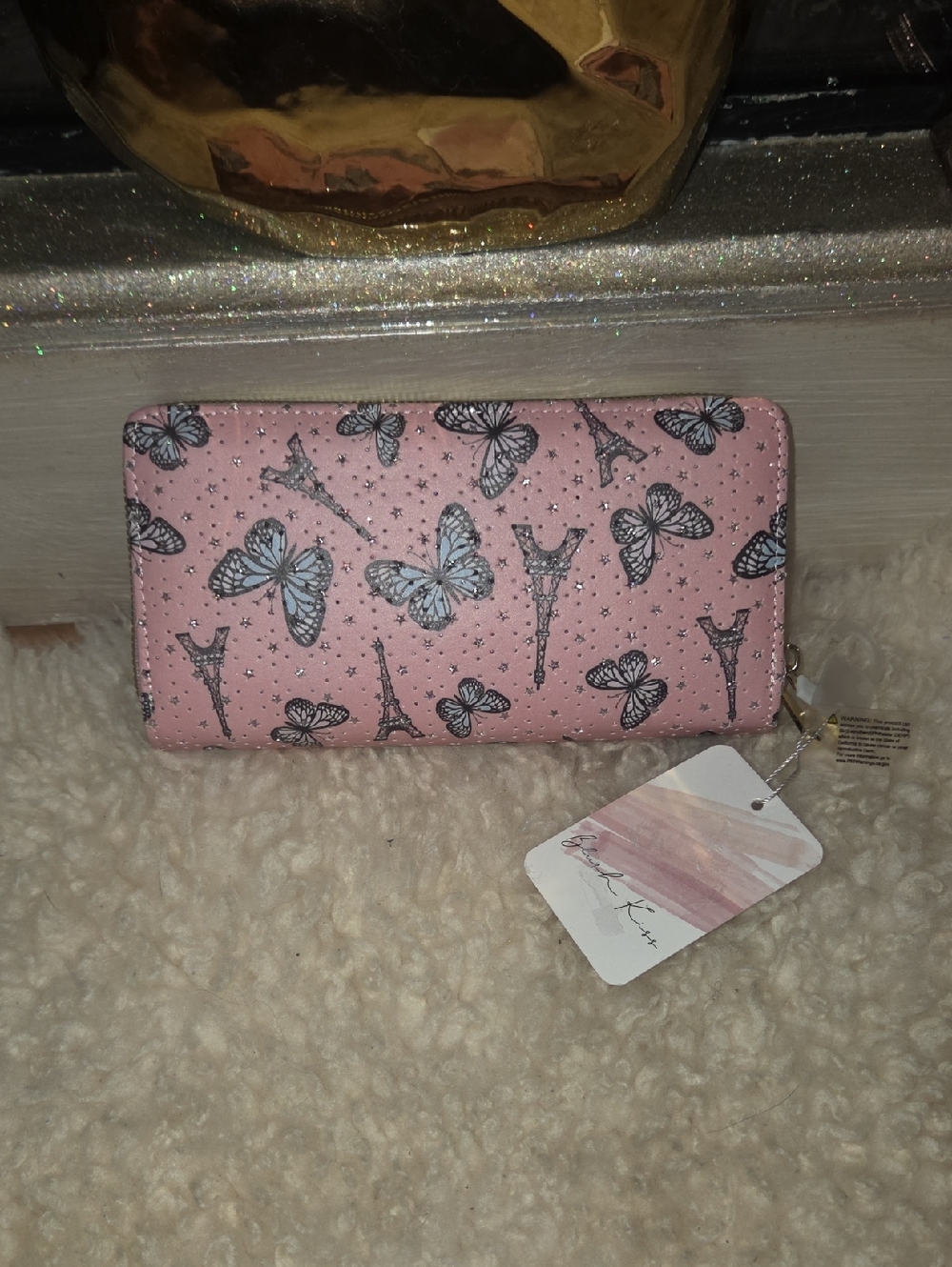 Pink Butterfly & Eiffel Print Zip-Around Wallet